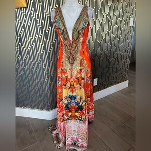 Vibrant Orange Beaded V-Neck Maxi Dress